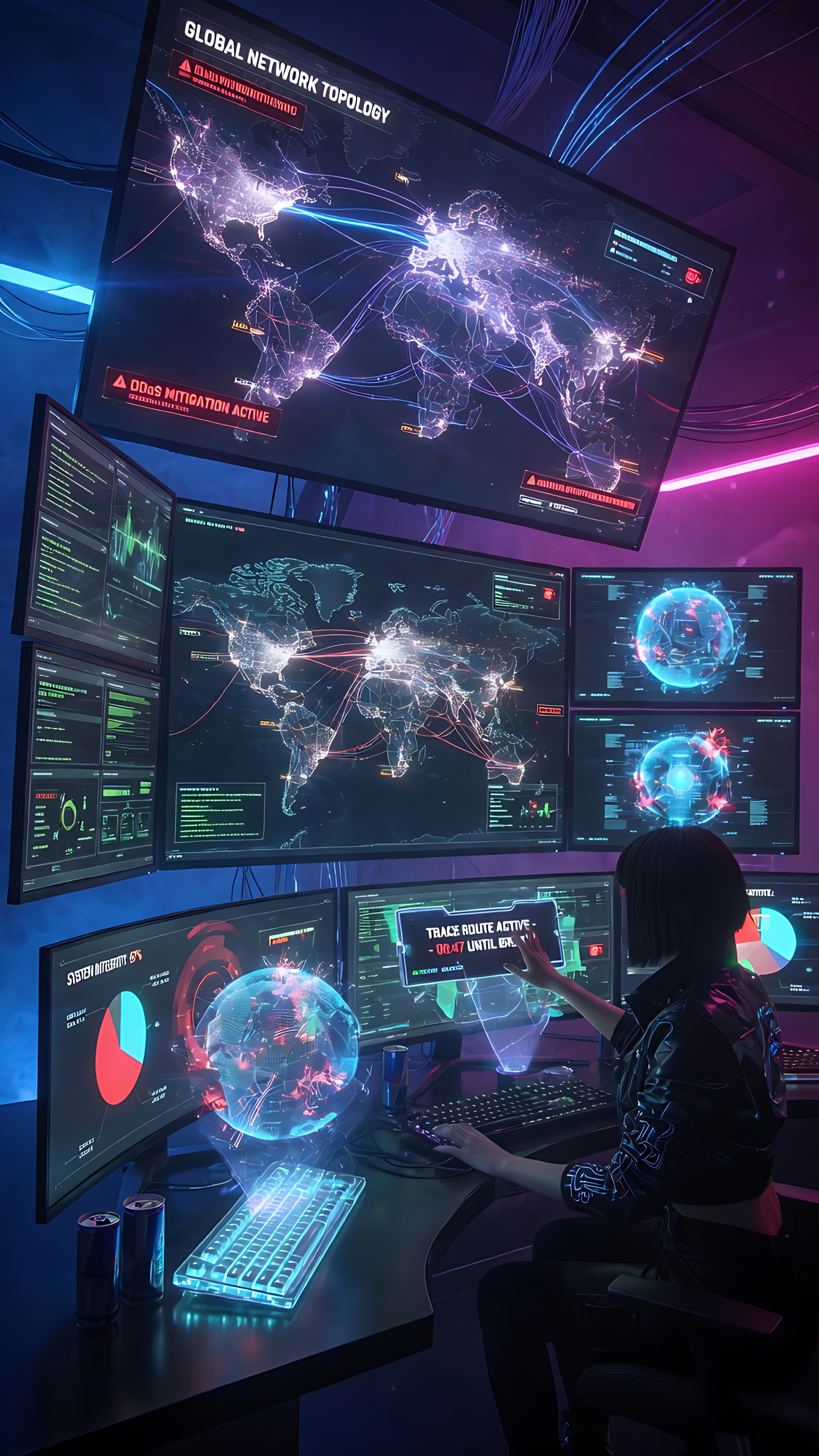 Cybersecurity Kontrollzentrum mit Echtzeit-System&uuml;berwachung und Netzwerk-Analyse zur Erkennung von Bedrohungen