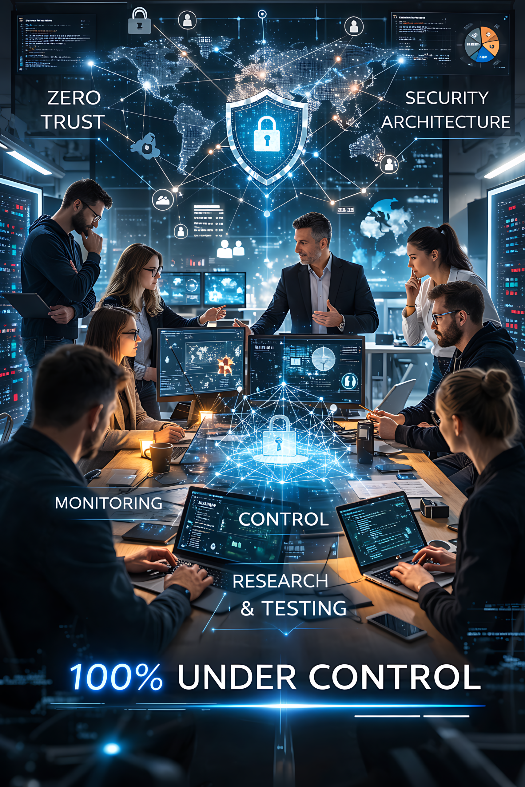 Team working in cybersecurity control center with Zero Trust security architecture